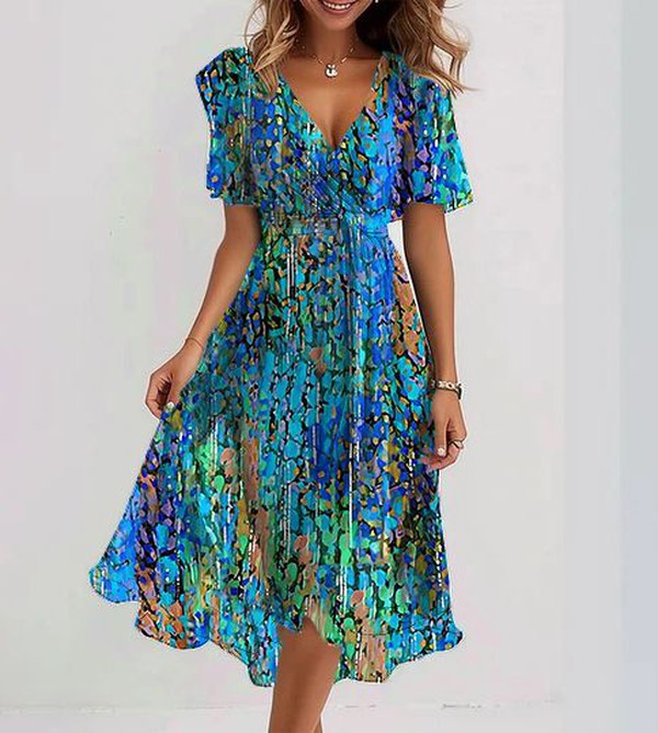 Isa - Blue Midi Dress with Short Sleeves