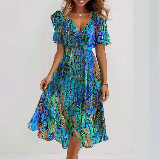 Isa - Blue Midi Dress with Short Sleeves