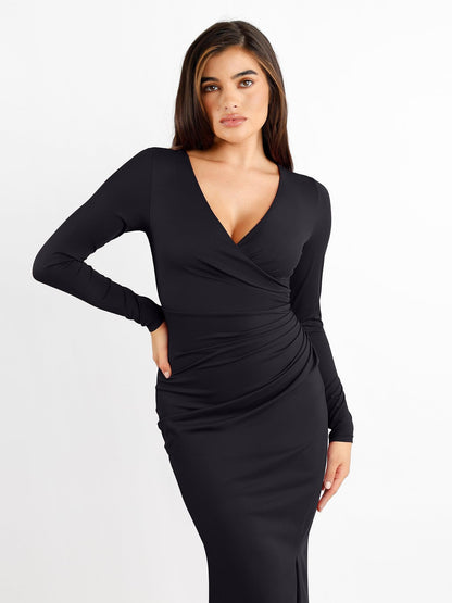 The Shapewear Dress Ruched Long Sleeve Split Midi