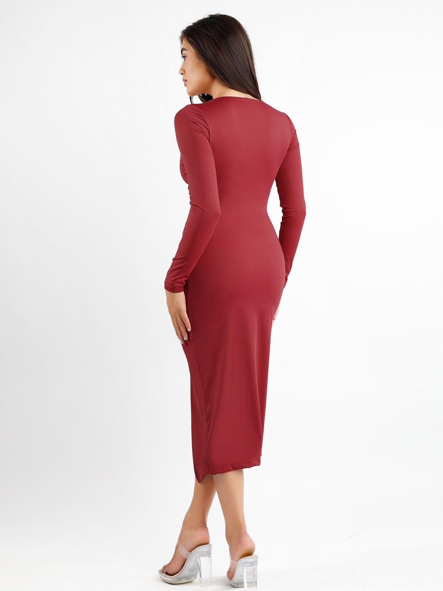 The Shapewear Dress Ruched Long Sleeve Split Midi