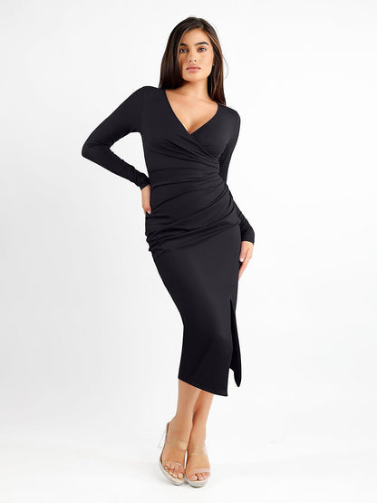 The Shapewear Dress Ruched Long Sleeve Split Midi