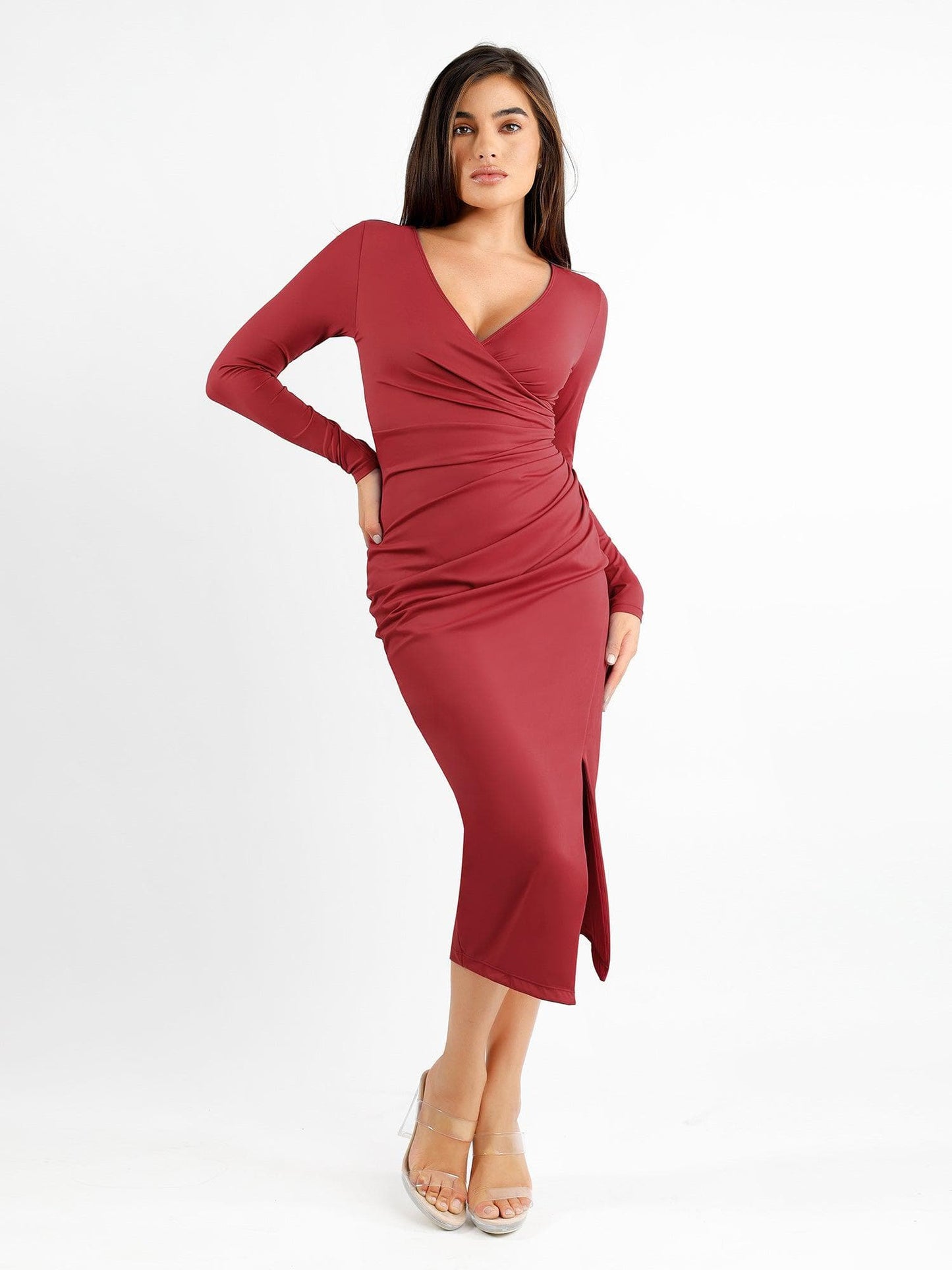 The Shapewear Dress Ruched Long Sleeve Split Midi