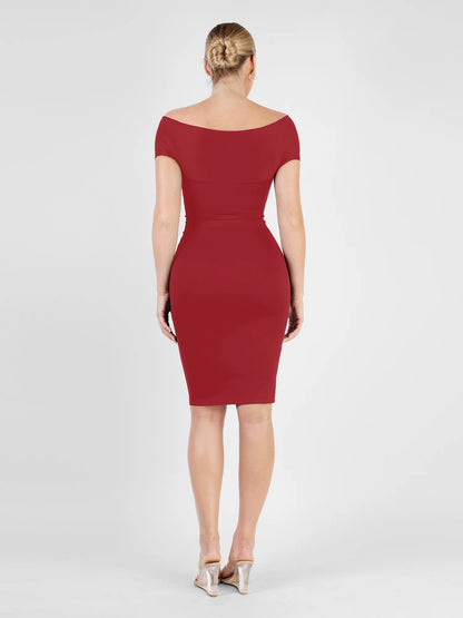 The Shapewear Dress Off Shoulder V-Neck Ruched Midi