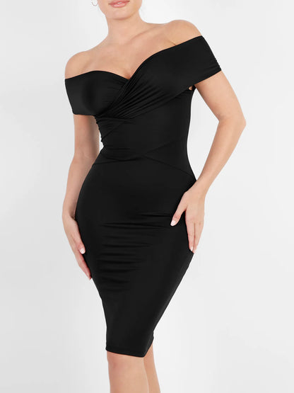 The Shapewear Dress Off Shoulder V-Neck Ruched Midi