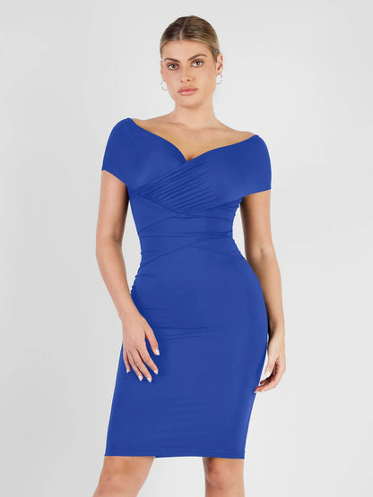 The Shapewear Dress Off Shoulder V-Neck Ruched Midi