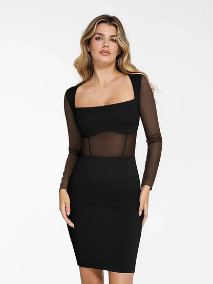 The Shapewear Dress Sculpting Long Sleeve Mesh Midi